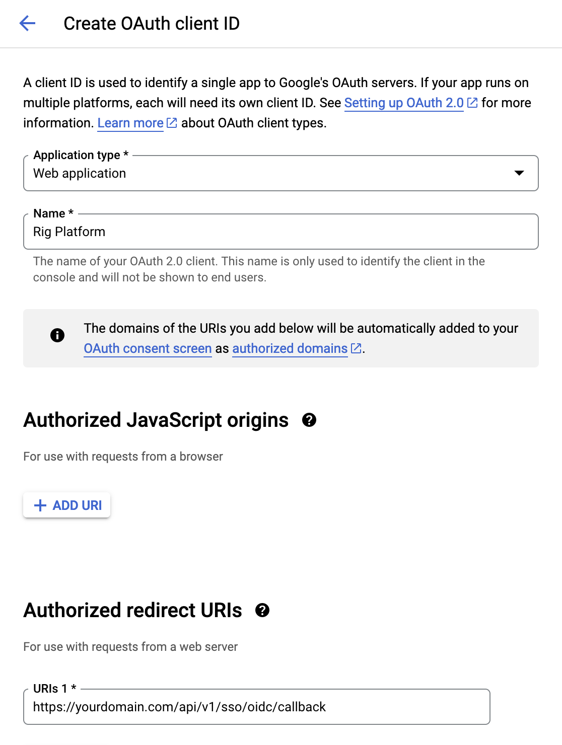 Screenshot of google credential creation