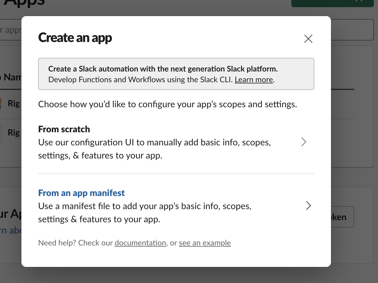 Screenshot of slack app creation